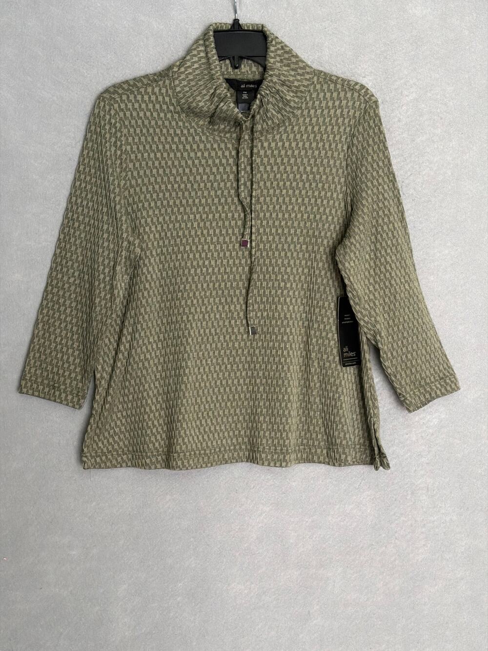 Ali Miles 3/4 Sleeve Top Cinched Collar Textured Green Women's PM NEW